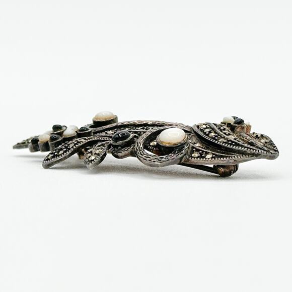 Art Nouveau Style 925 Sterling Silver Marcasite Brooch w Onyx Moonstone Details - Picture 10 of 12